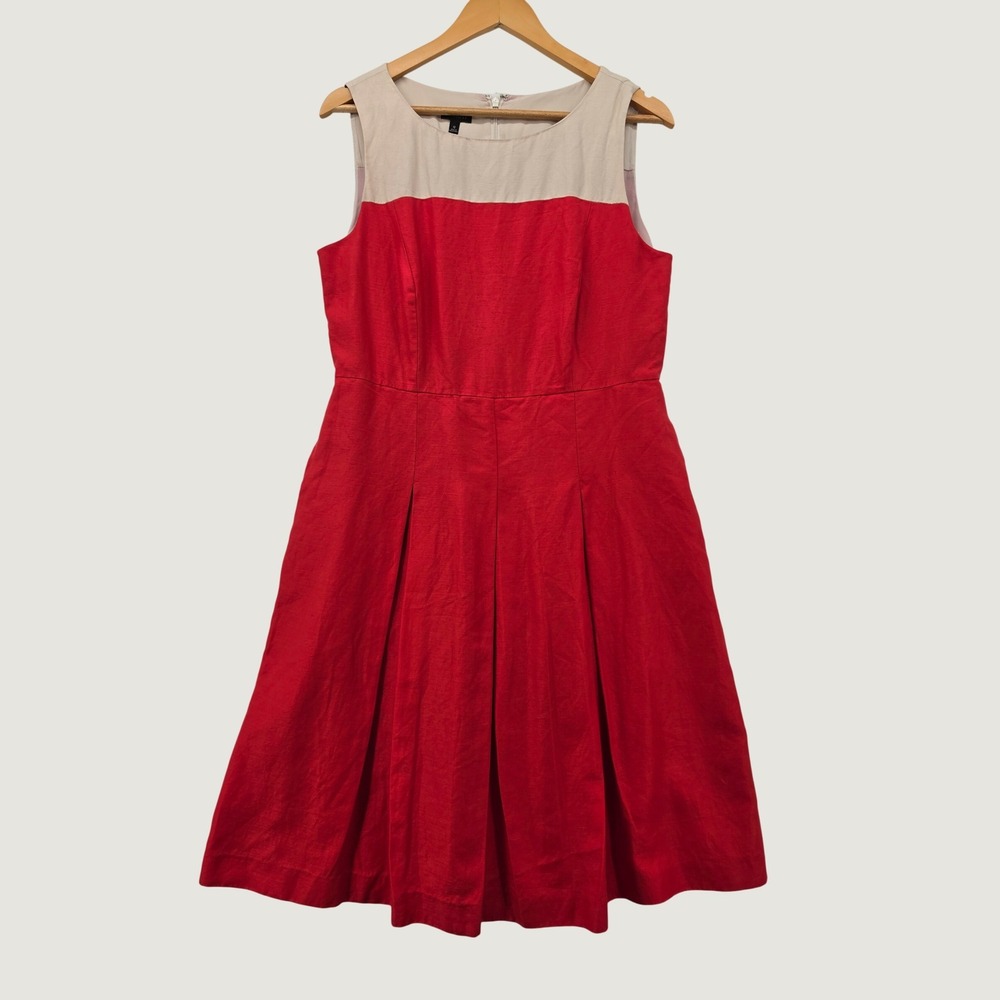 Talbots Red Colorblock Linen Blend Pleated Fit Flare Dress Pockets Womens 12